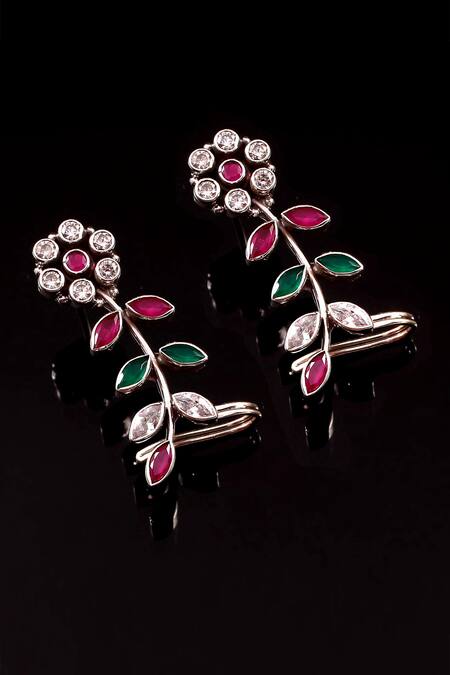 Buy_Noor_Silver Plated Gota Patti, Stones Floral And Leaf Carved Studs_Online_at_Aza_Fashions