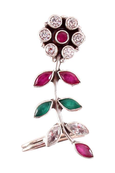 Shop_Noor_Silver Plated Gota Patti, Stones Floral And Leaf Carved Studs_Online_at_Aza_Fashions