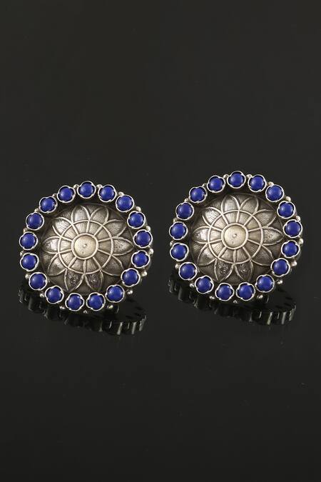 Noor_Silver Plated Stones, Studs Handcrafted Floral Carved_Online_at_Aza_Fashions