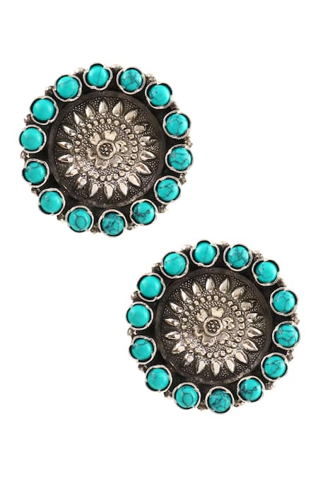 Noor Oxidized Floral Carved Studs 