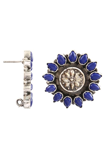 Shop_Noor_Silver Plated Lapis Stone Handcrafted Carved Studs _at_Aza_Fashions