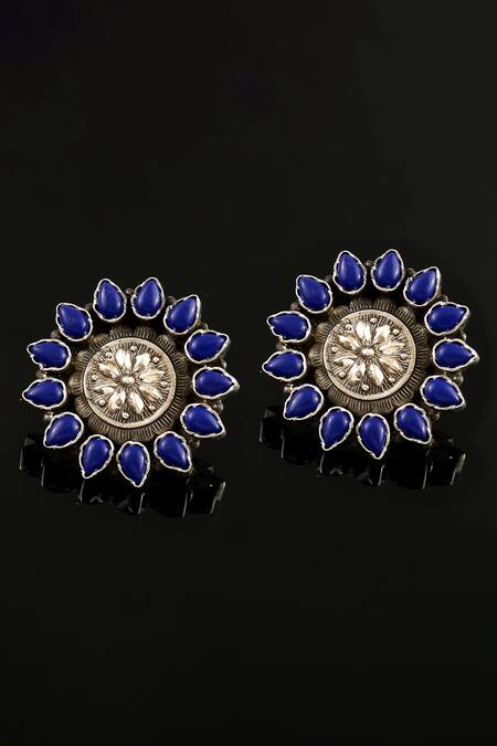 Noor_Silver Plated Lapis Stone Handcrafted Carved Studs _Online_at_Aza_Fashions