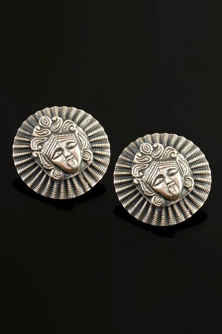 Noor_Silver Plated Oxidized Statement Temple Studs_Online_at_Aza_Fashions