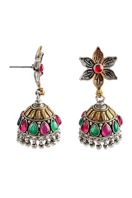 Shop_Noor_Gold Plated Floral Design Jhumkas_Online_at_Aza_Fashions