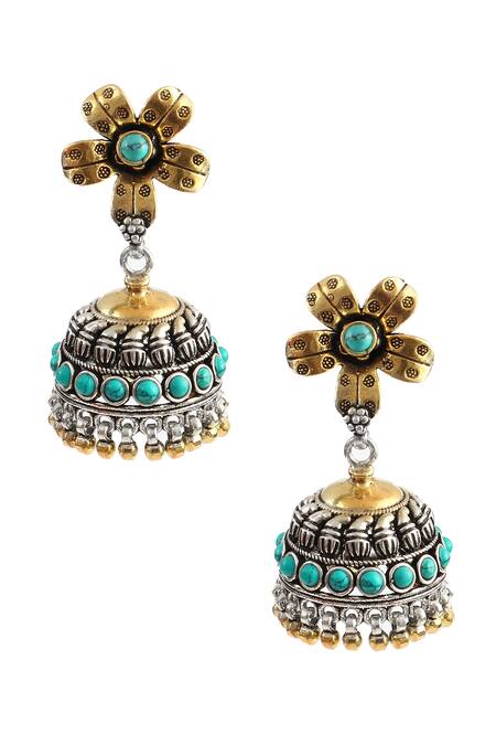 Buy_Noor_Gold Plated Stones Floral Design Jhumkis_Online_at_Aza_Fashions