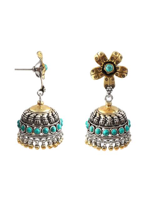 Shop_Noor_Gold Plated Stones Floral Design Jhumkis_Online_at_Aza_Fashions