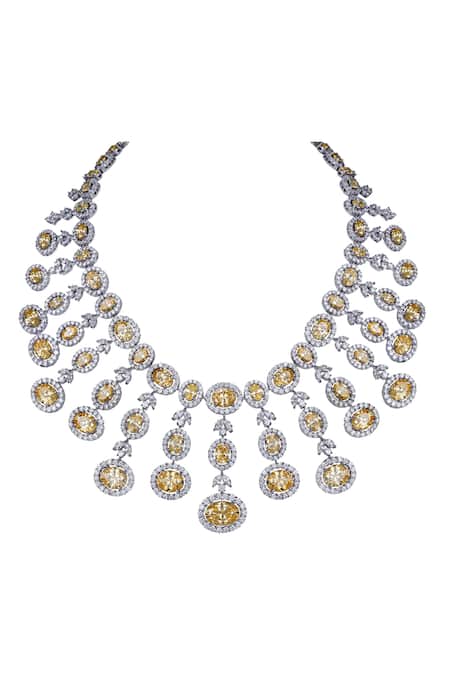 Shop DIOSA PARIS JEWELLERY Silver Plated Swarovski Zirconia Stone Tiered Necklace at Aza Fashions Shop_DIOSA PARIS JEWELLERY_Silver Plated Swarovski Zirconia Stone Tiered Necklace _at_Aza_Fashions