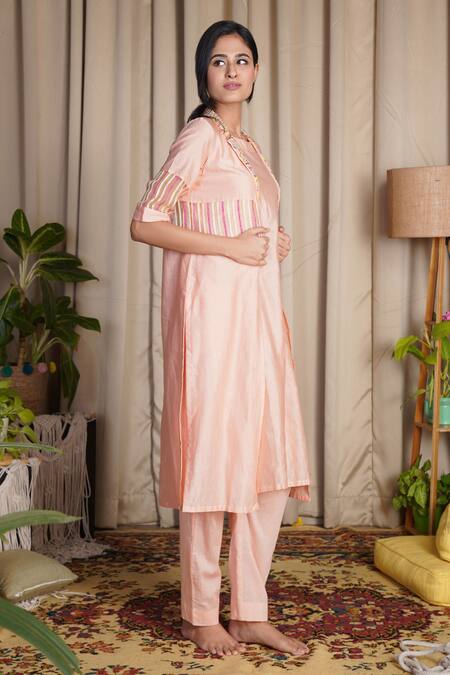 Label NE'Chi_Peach Chanderi Silk Jacket Collar Kurta Round And Set_Online_at_Aza_Fashions