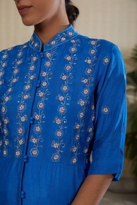Kefi Collections_Blue Silk, Satin Embroidery Mandarin Collar Floral Kurta And Dhoti Pant Set_Online_at_Aza_Fashions
