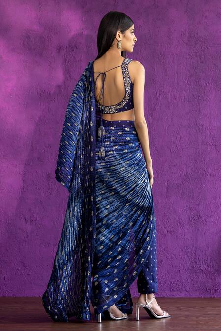 Shop_Qbik_Blue Raw , Banarasi Beads, Dabka And Pre-draped Pant Saree With Blouse_at_Aza_Fashions