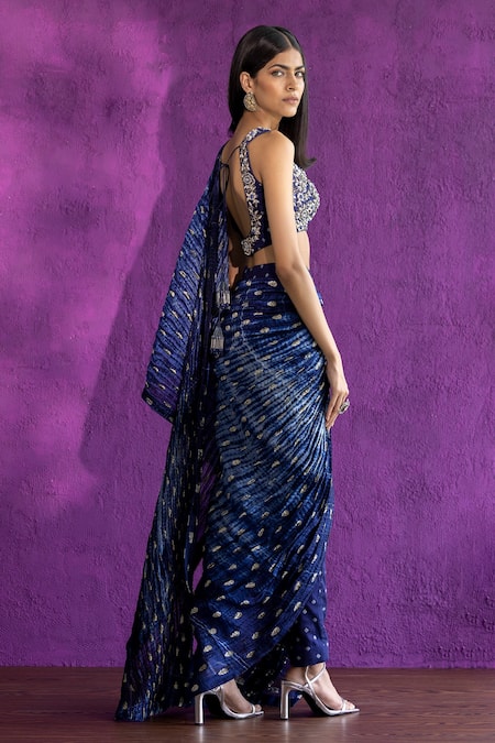 Buy_Qbik_Blue Raw , Banarasi Beads, Dabka And Pre-draped Pant Saree With Blouse_Online_at_Aza_Fashions
