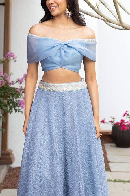 Buy Jade By Monica & Karishma Blue Organza, Tulle Thread Work One Off Choli And Embroidered Lehenga Set Online at Aza Fashions Buy_Jade By Monica & Karishma_Blue Organza, Tulle Thread Work One Off Choli And Embroidered Lehenga Set _Online_at_Aza_Fashions