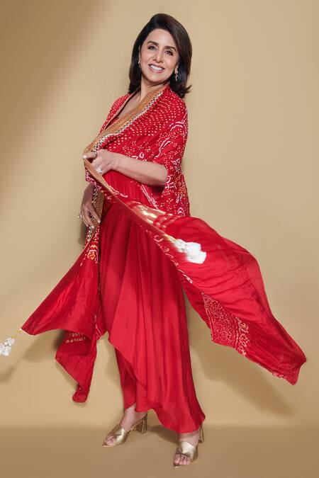 Tisha Saksena_Red Dress Dupion  Cape Bandhani Dress Round Cape Draped With_Online_at_Aza_Fashions