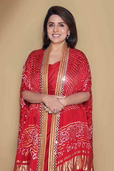 Shop_Tisha Saksena_Red Dress Dupion  Cape Bandhani Dress Round Cape Draped With_Online_at_Aza_Fashions