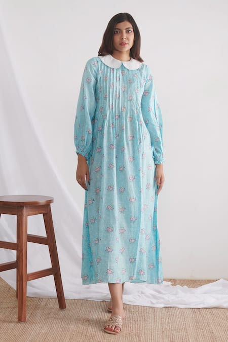 Negra Elegante Blue Bemberg Muslin Floral Block Print Peter Pan Midi Dress