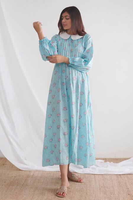 Negra Elegante_Blue Bemberg Muslin Floral Block Print Peter Pan Midi Dress _Online_at_Aza_Fashions