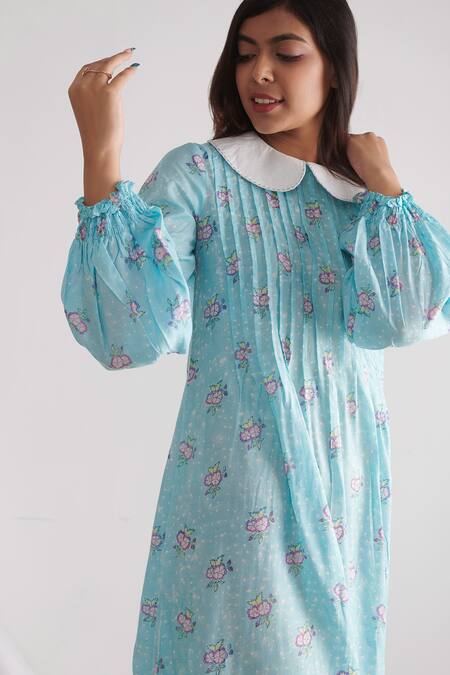 Buy Negra Elegante Blue Bemberg Muslin Floral Block Print Peter Pan Midi Dress Online at Aza Fashions Buy_Negra Elegante_Blue Bemberg Muslin Floral Block Print Peter Pan Midi Dress _Online_at_Aza_Fashions