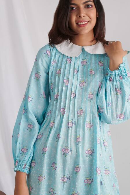 Shop Negra Elegante Blue Bemberg Muslin Floral Block Print Peter Pan Midi Dress Online at Aza Fashions Shop_Negra Elegante_Blue Bemberg Muslin Floral Block Print Peter Pan Midi Dress _Online_at_Aza_Fashions