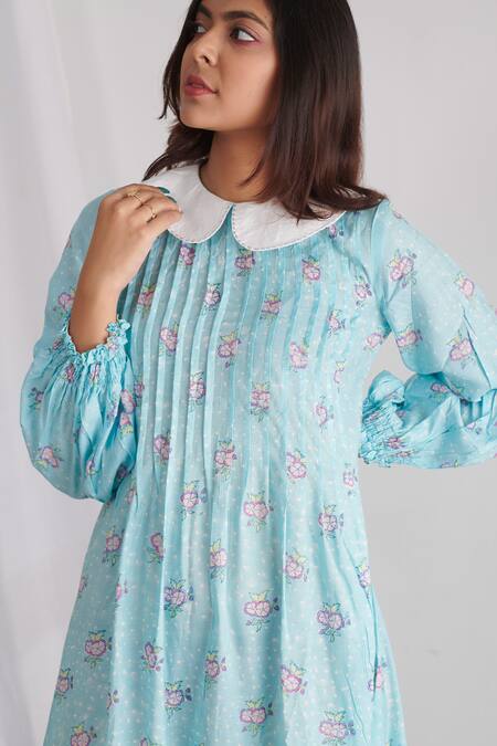 Negra Elegante Blue Bemberg Muslin Floral Block Print Peter Pan Midi Dress at Aza Fashions Negra Elegante_Blue Bemberg Muslin Floral Block Print Peter Pan Midi Dress _at_Aza_Fashions