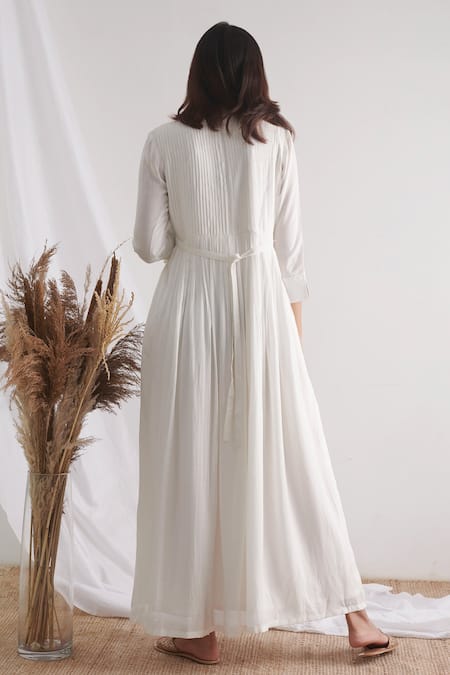 Shop_Negra Elegante_White Bemberg Muslin Band Pleated Maxi Dress _at_Aza_Fashions