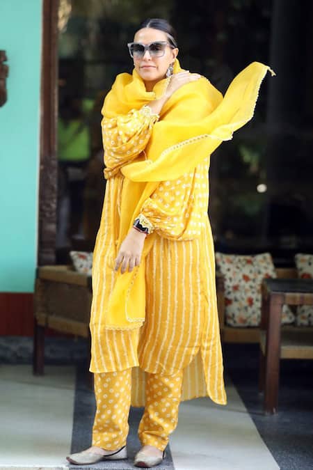 Punit Balana Yellow Satin Silk Round Tie Dye Kurta Set