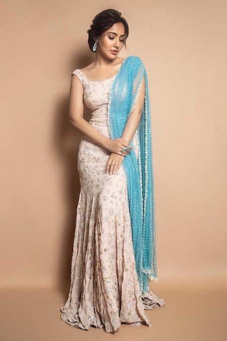 Aayushi Maniar White Georgette Embellished Draped Gown