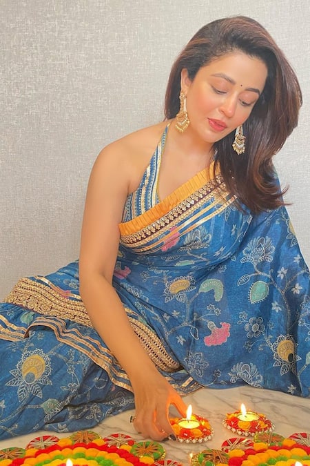Buy_Gopi Vaid_Blue Saree Chiffon Blouse Cotton Silk Printed Ruffle Set_Online_at_Aza_Fashions