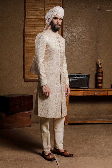 Shop_Punit Arora_Beige Silk Floral Embroidered Sherwani Set _Online_at_Aza_Fashions
