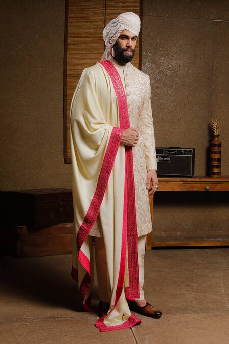 Buy_Punit Arora_Beige Silk Floral Embroidered Sherwani Set _Online_at_Aza_Fashions