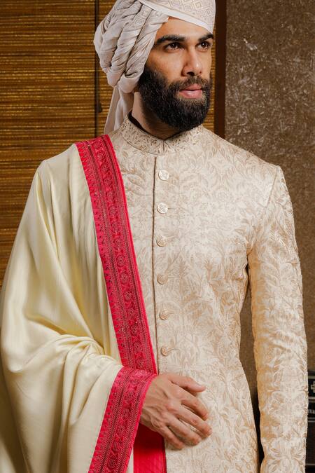 Punit Arora_Beige Silk Floral Embroidered Sherwani Set _at_Aza_Fashions