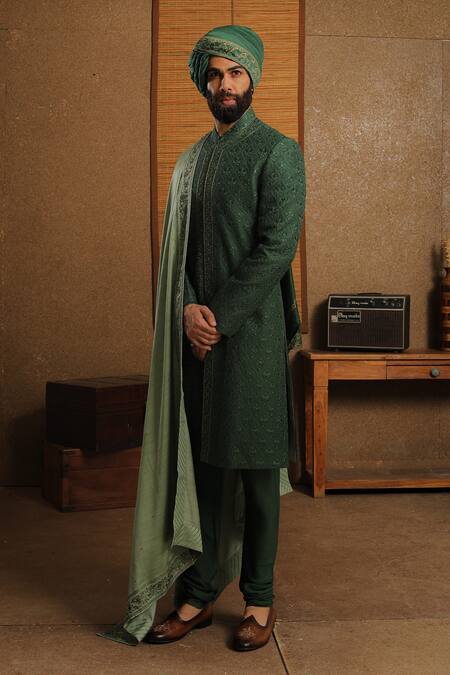 Buy_Punit Arora_Green Silk Floral Embroidered Sherwani Set _Online_at_Aza_Fashions