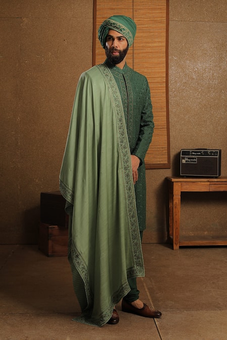 Punit Arora_Green Silk Floral Embroidered Sherwani Set _Online_at_Aza_Fashions