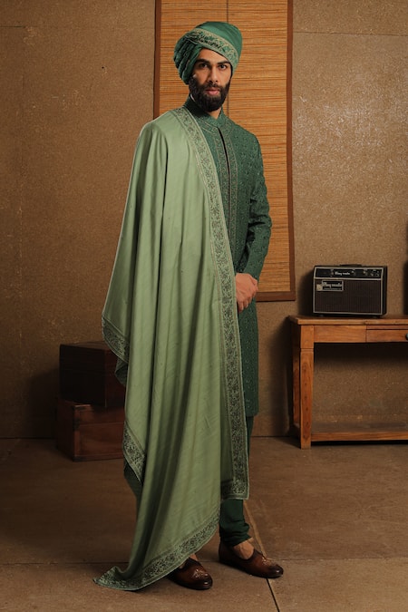 Shop_Punit Arora_Green Silk Floral Embroidered Sherwani Set _Online_at_Aza_Fashions