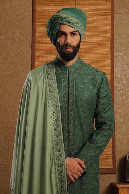 Punit Arora_Green Silk Floral Embroidered Sherwani Set _at_Aza_Fashions