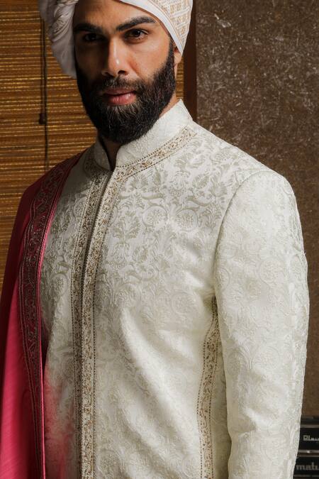 Shop_Punit Arora_Cream Silk Thread Embroidered Sherwani Set _Online_at_Aza_Fashions