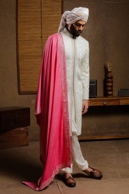 Buy_Punit Arora_Cream Silk Thread Embroidered Sherwani Set _Online_at_Aza_Fashions