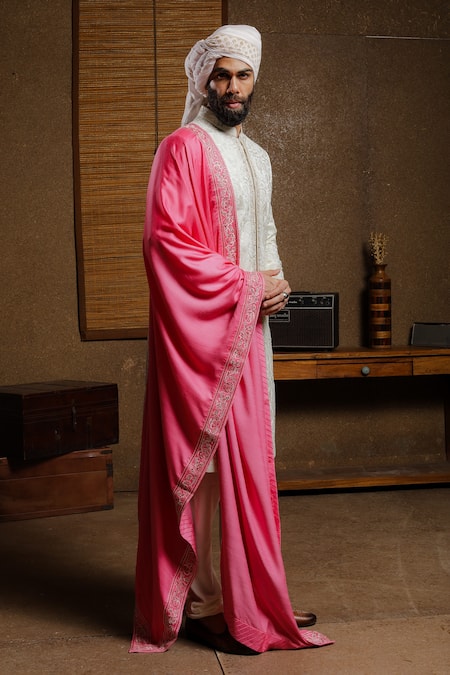 Punit Arora_Cream Silk Thread Embroidered Sherwani Set _Online_at_Aza_Fashions