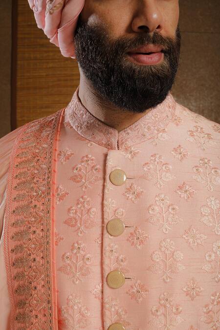 Punit Arora_Peach Silk Floral Band Collar Embroidered Sherwani Set _Online_at_Aza_Fashions
