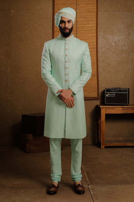 Buy_Punit Arora_Green Silk Thread Embellished Sherwani Set _Online_at_Aza_Fashions