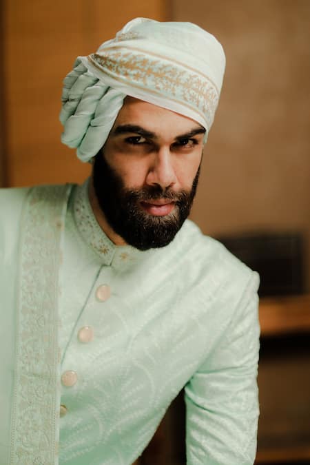 Punit Arora_Green Silk Thread Embellished Sherwani Set _at_Aza_Fashions