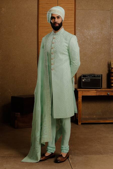 Punit Arora_Green Silk Thread Embellished Sherwani Set _Online_at_Aza_Fashions
