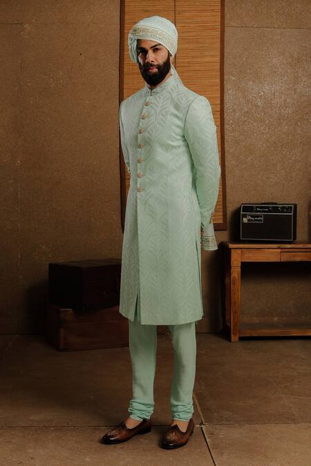 Shop_Punit Arora_Green Silk Thread Embellished Sherwani Set _Online_at_Aza_Fashions