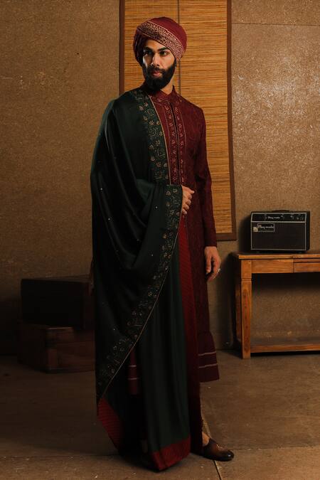 Buy_Punit Arora_Maroon Silk Floral Band Collar Sherwani Set _Online_at_Aza_Fashions