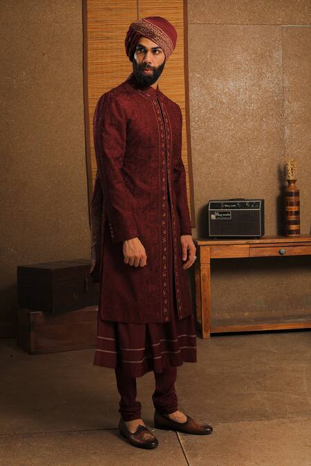 Punit Arora_Maroon Silk Floral Band Collar Sherwani Set _at_Aza_Fashions