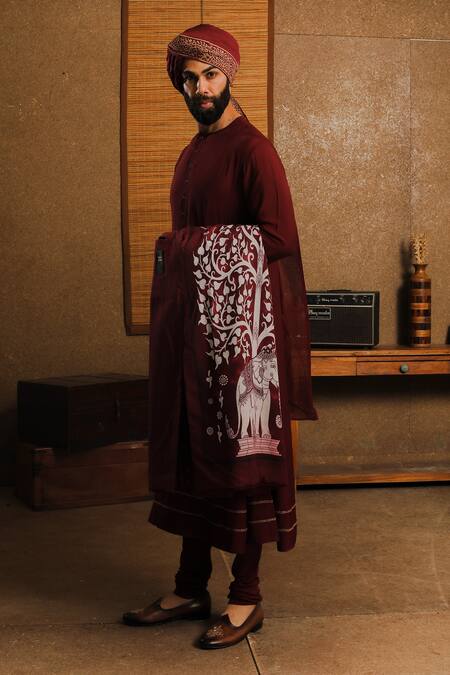 Punit Arora_Maroon Silk Floral Band Collar Sherwani Set _Online_at_Aza_Fashions