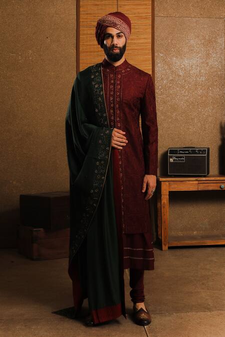 Shop_Punit Arora_Maroon Silk Floral Band Collar Sherwani Set _Online_at_Aza_Fashions