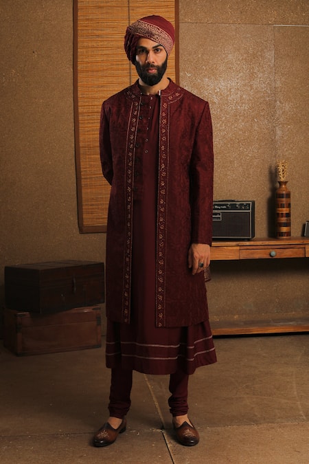 Punit Arora Silk Band Collar Sherwani Set 