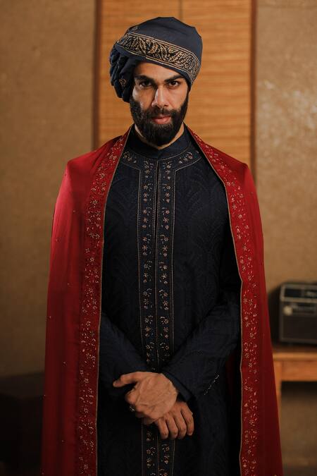 Punit Arora_Blue Silk, Dupatta Organza Thread Sherwani Set _Online_at_Aza_Fashions