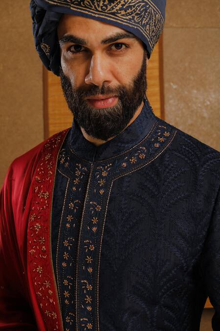 Buy_Punit Arora_Blue Silk, Dupatta Organza Thread Sherwani Set _Online_at_Aza_Fashions