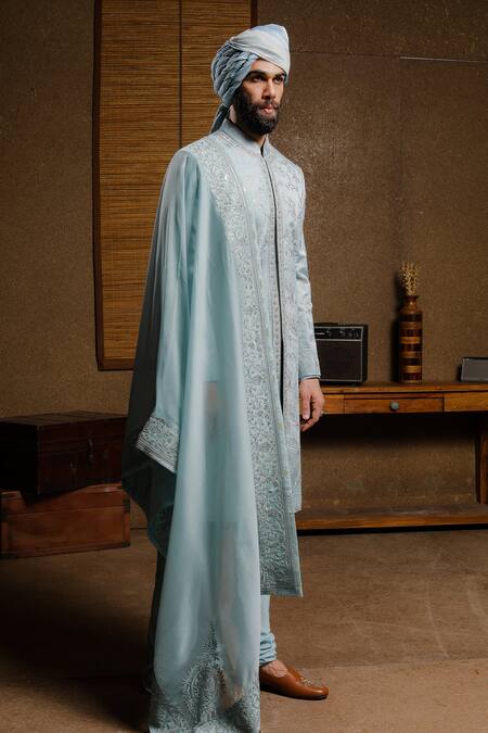 Buy_Punit Arora_Blue Silk Thread Floral Embroidered Sherwani Set _Online_at_Aza_Fashions